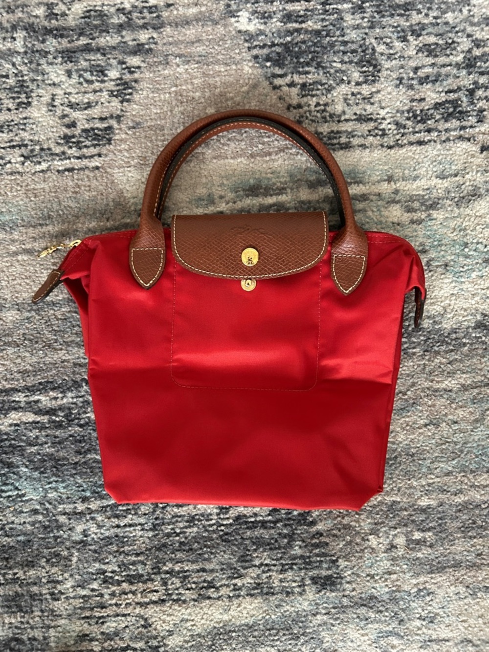 Longchamp Red Nylon Tote with Brown Trim and Top Handles
